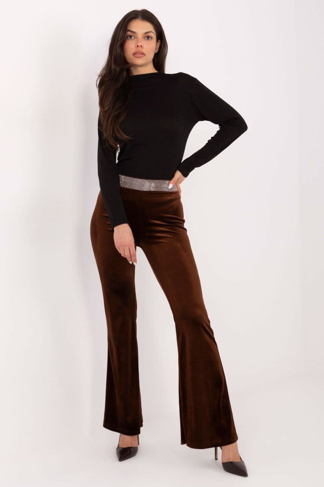 Love Lace Love Lace Women's Italy Velvet Bell Bottom Trousers with Jet stones in Brown