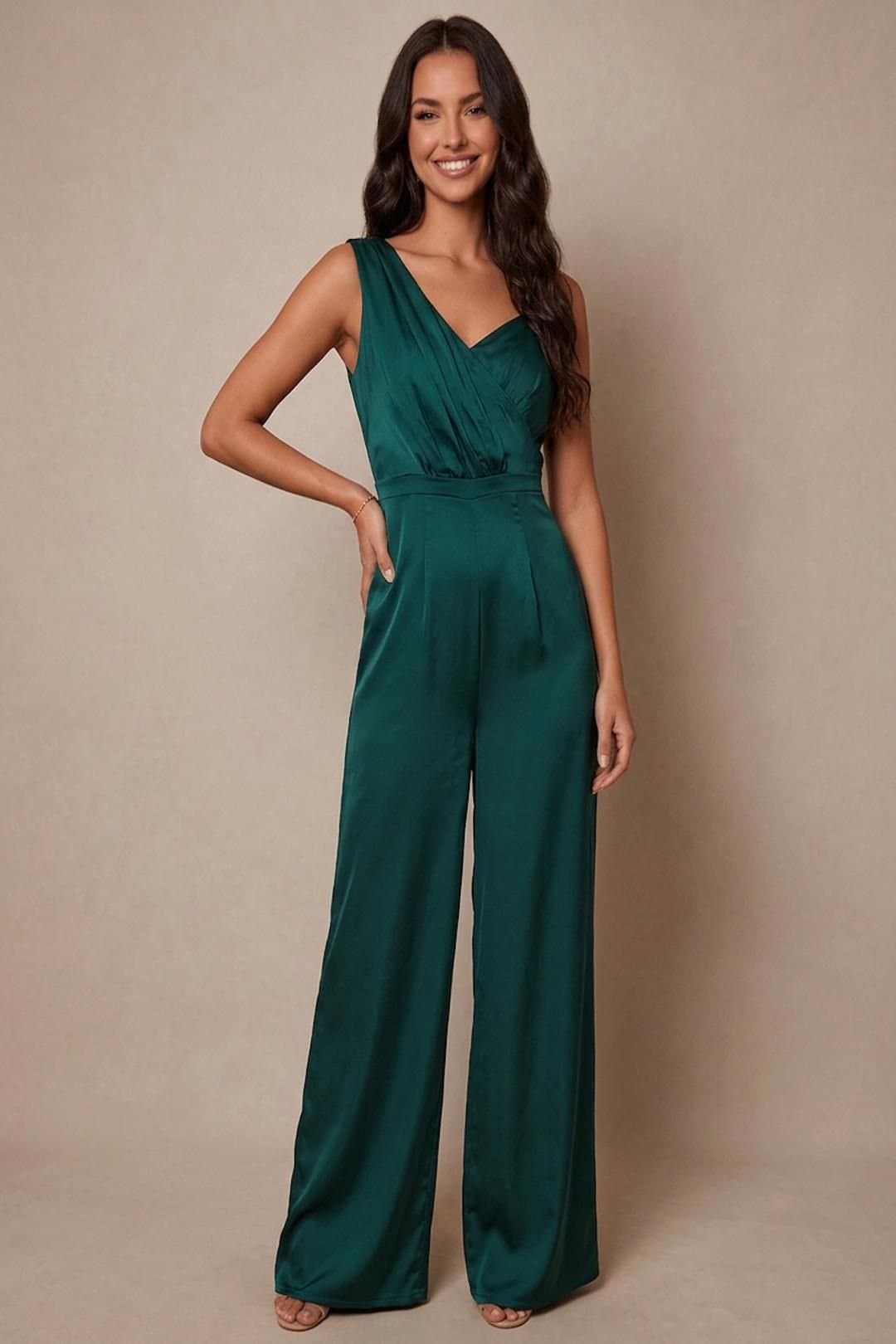 chi chi london Chi Chi London Women's Gathered Detail Jumpsuit in Green in Dark Green
