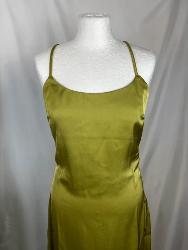 Lola May UK 10 Green Chartreuse Satin Slip Midi Dress Cross Back Scoop Neck Wedding Guest