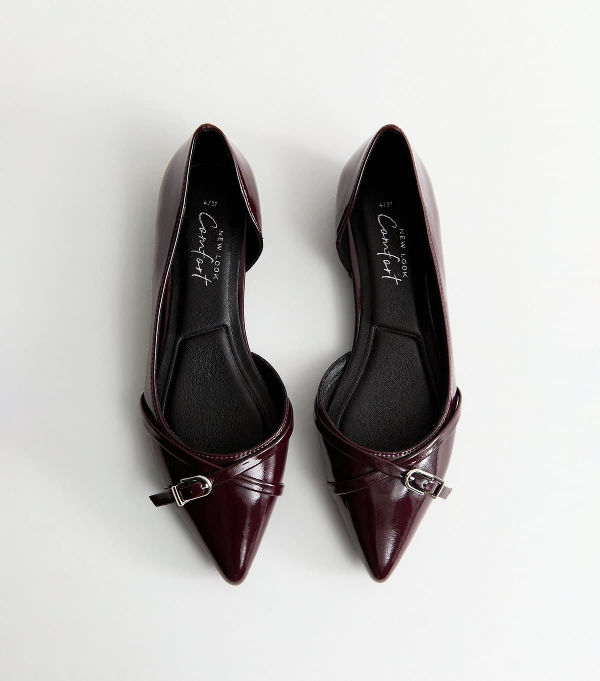 New Look Women's Dark Burgundy Patent Faux Leather D'Orsay Buckle Detail Flats Vegan New Look