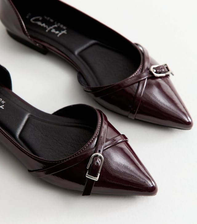 New Look Women's Dark Burgundy Patent Faux Leather D'Orsay Buckle Detail Flats Vegan New Look - 3