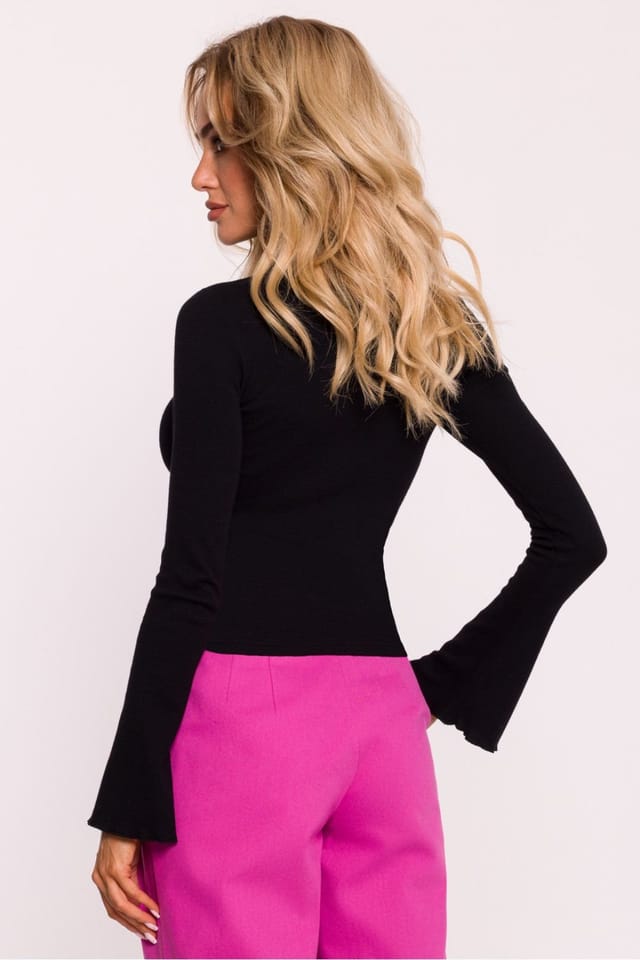 Love Lace Love Lace Women's Fitted Ribbed Cotton Long Sleeve Blouse in Black - 3