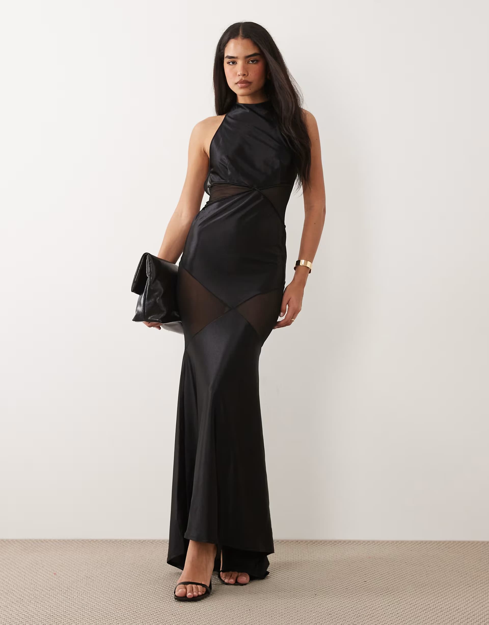 ASOS ASOS DESIGN Premium sculpted mesh panel maxi dress with strappy back in black