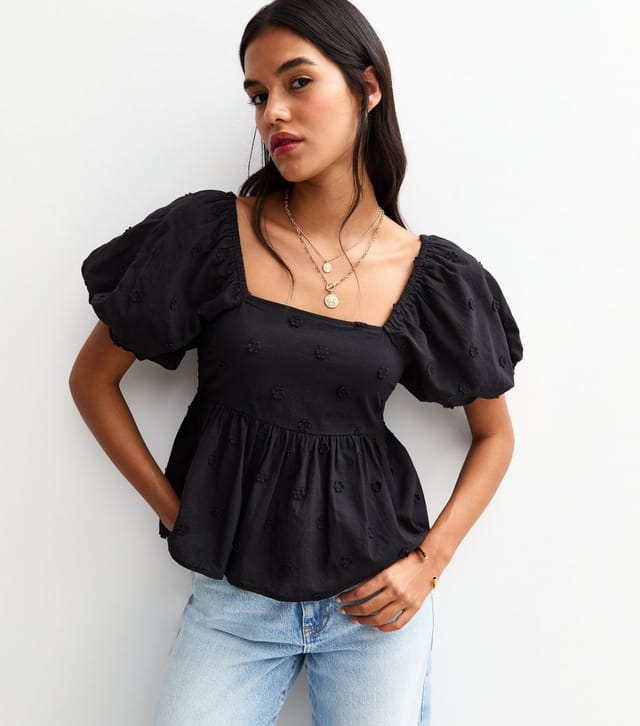 New Look Women's Black Daisy Embroidery Puff Sleeve Milkmaid Top New Look - 2