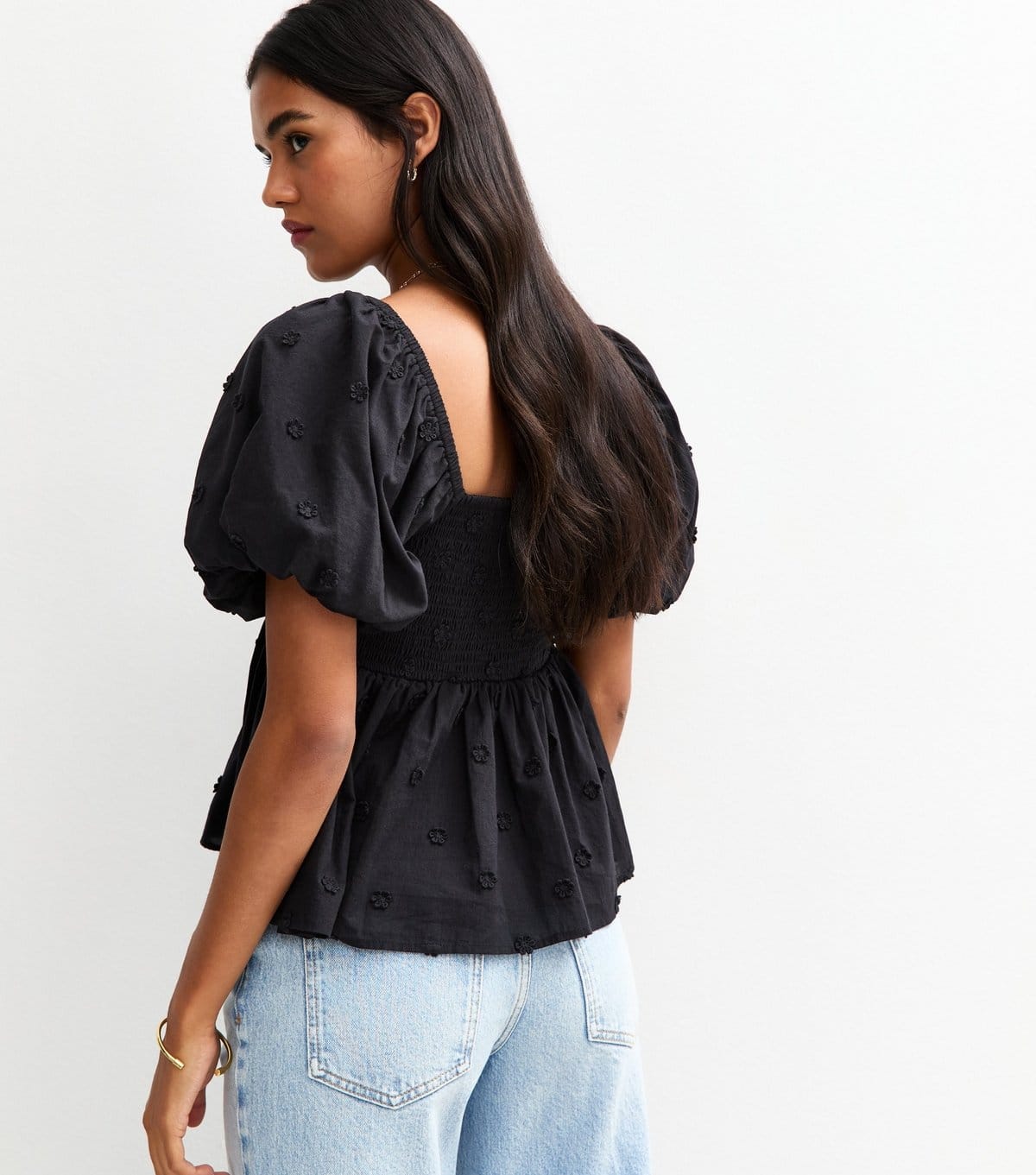 New Look Women's Black Daisy Embroidery Puff Sleeve Milkmaid Top New Look - 4