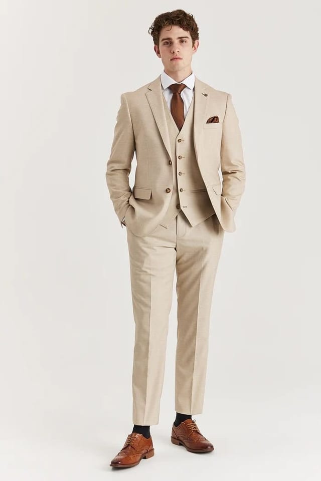 Paul Andrew Paul Andrew Men's Belmont 3 Piece Suit Classic Stitch Lapel Wedding Summer Prom in Beige - 2