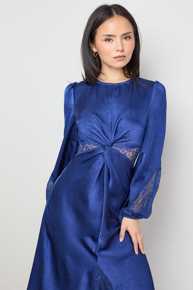 Oasis Oasis Women's Petite Lace Insert Satin Midi Dress in Blue - 2