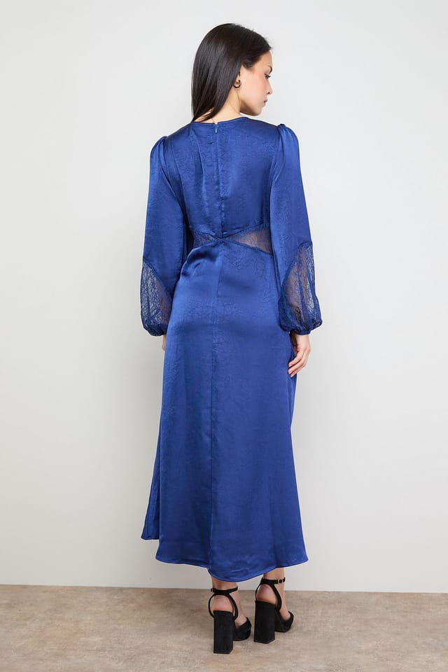Oasis Oasis Women's Petite Lace Insert Satin Midi Dress in Blue - 3