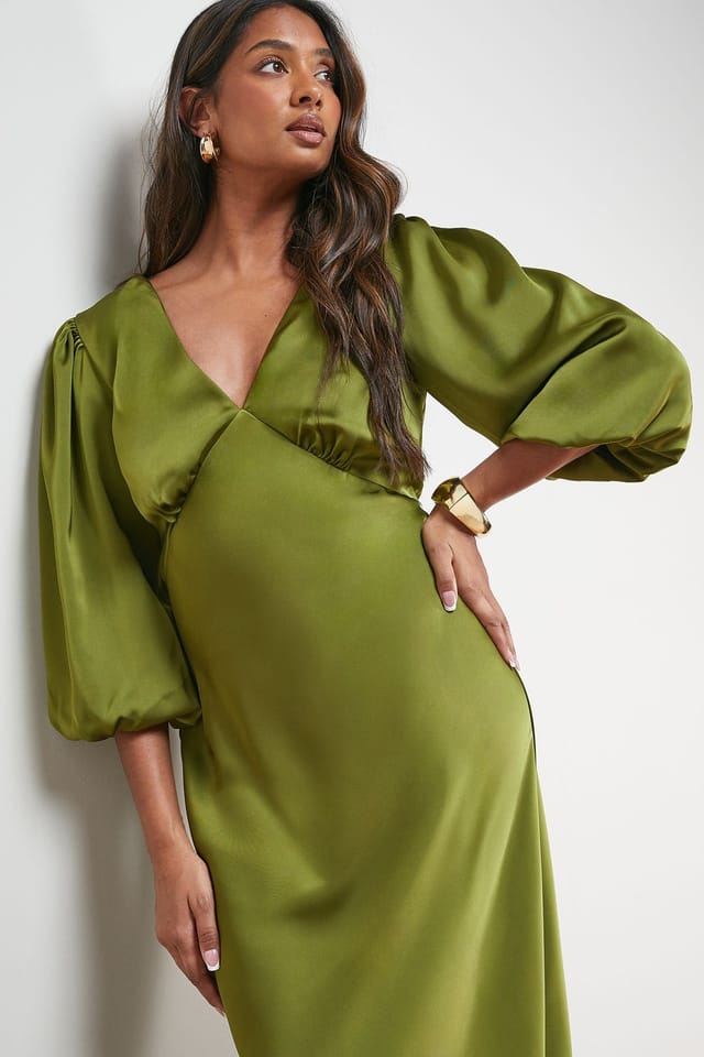 Oasis Oasis Women's Satin V Neck Balloon Sleeve Bias Midi Dress in Olive - 2