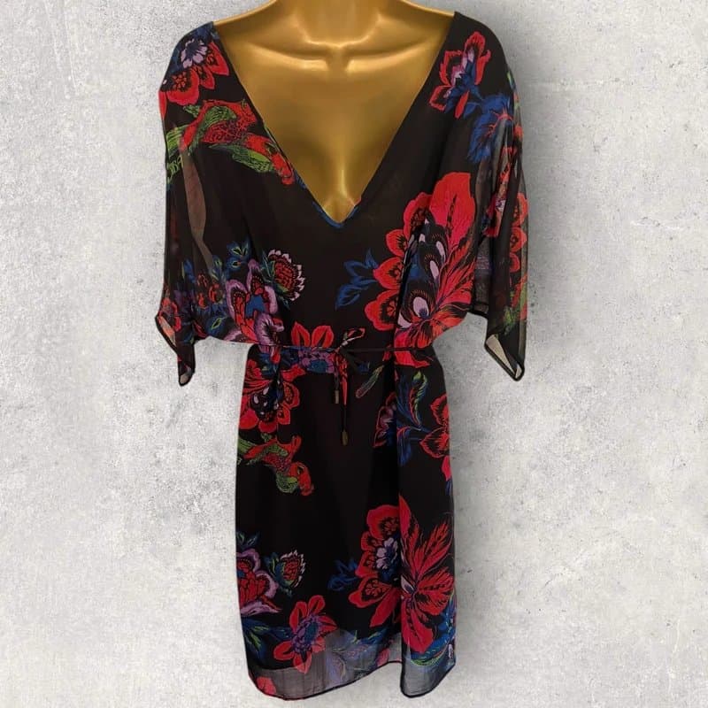 BIBA BIBA Womens Black Multi Colour Floral Chiffon Batwing Summer Midi Dress UK 14