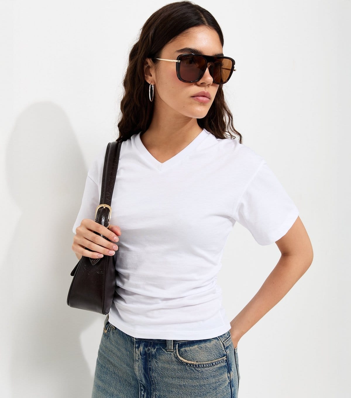 New Look White Cotton Ruched V Neck T-Shirt