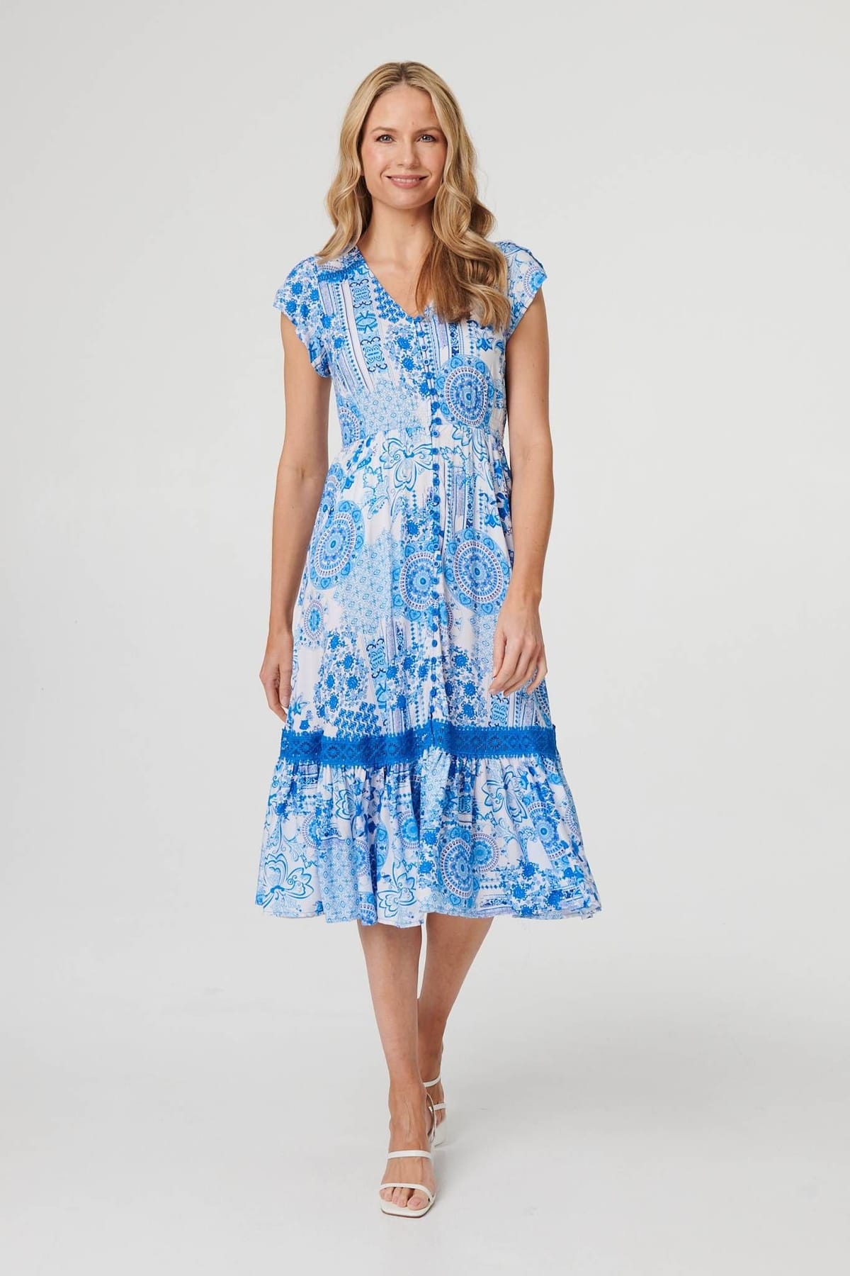 Izabel London Izabel London Women's Abstract Printed Lace Trim Midi Dress in Blue - 1