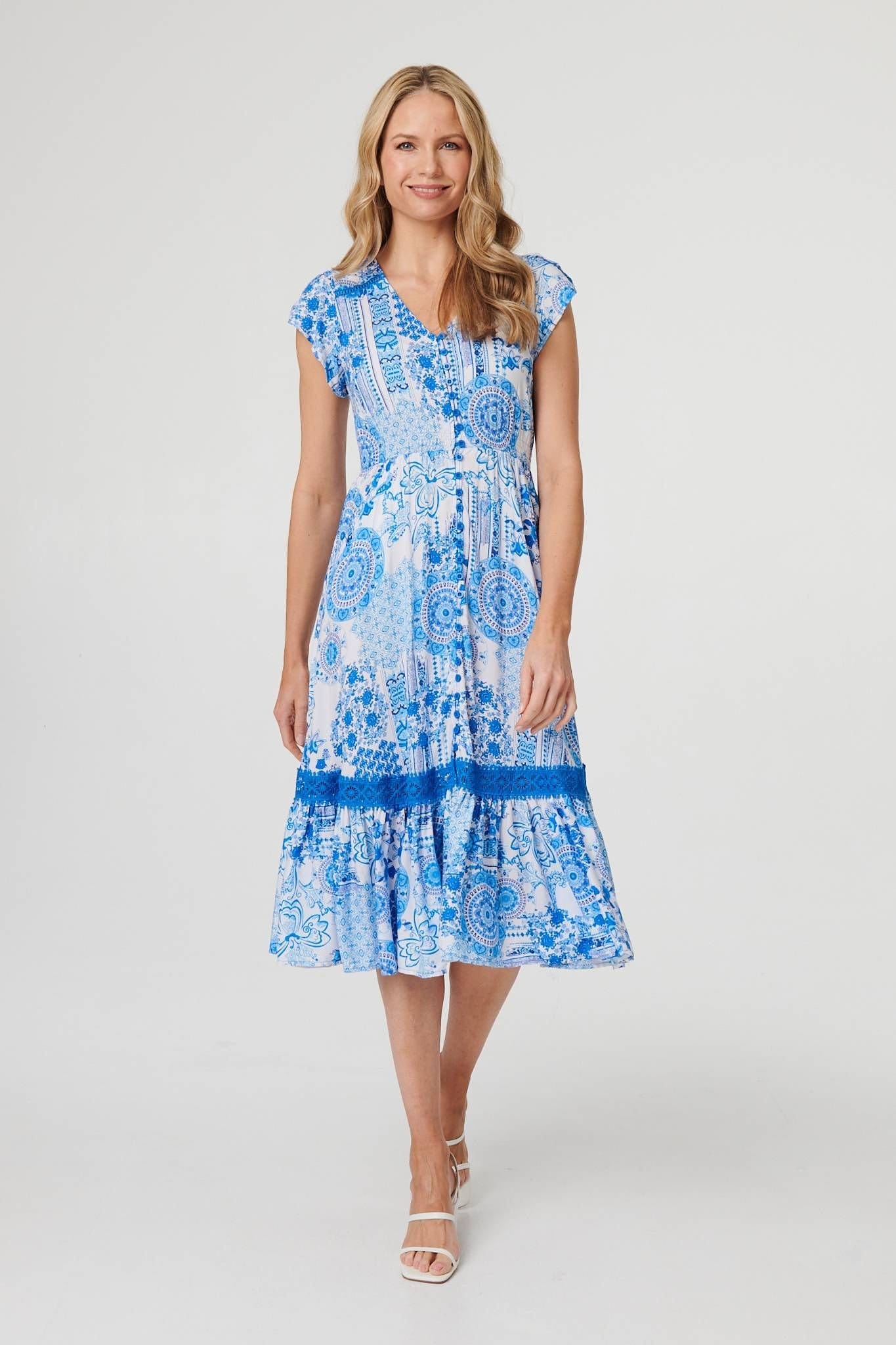 Izabel London Blue Abstract Printed Lace Trim Midi Dress