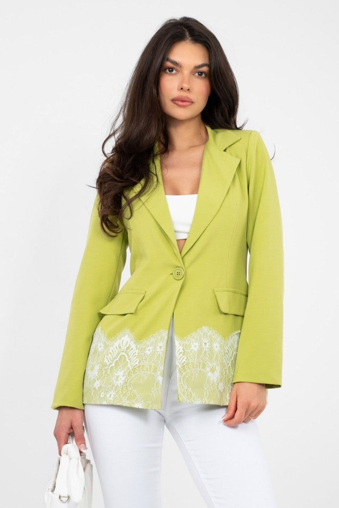 Love Lace Love Lace Women's Tailored Blazer with Lace Trim & Stretch in Green - 4