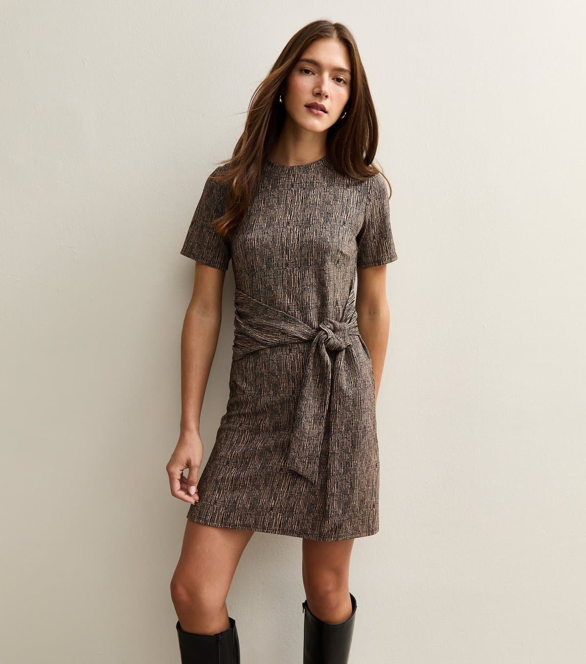New Look Women's Brown Bark Print Tie Belt Mini Dress New Look