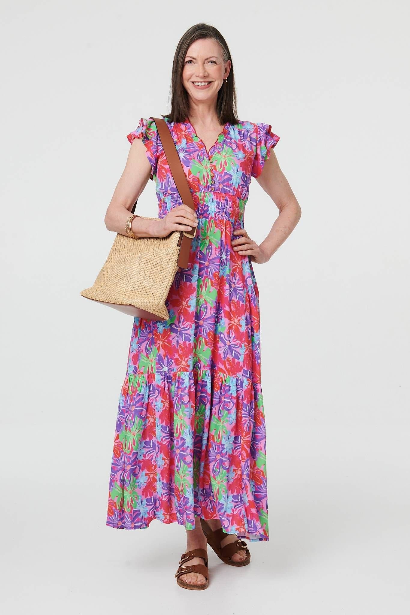 Izabel London Izabel London Women's Floral Cap Sleeve A-Line Maxi Dress in Red