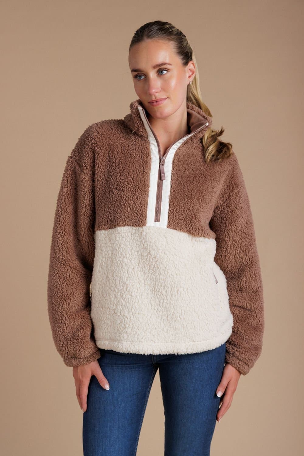 French Connection French Connection Women's Colourblock Borg High Neck 1/2 Zip Fleece Pullover in Light Brown