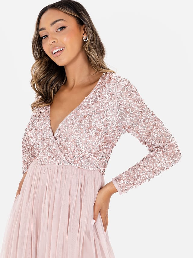 Maya Deluxe Maya Deluxe Women's Faux Wrap Embellished Long Sleeve Midi Dress in Light Pink - 2