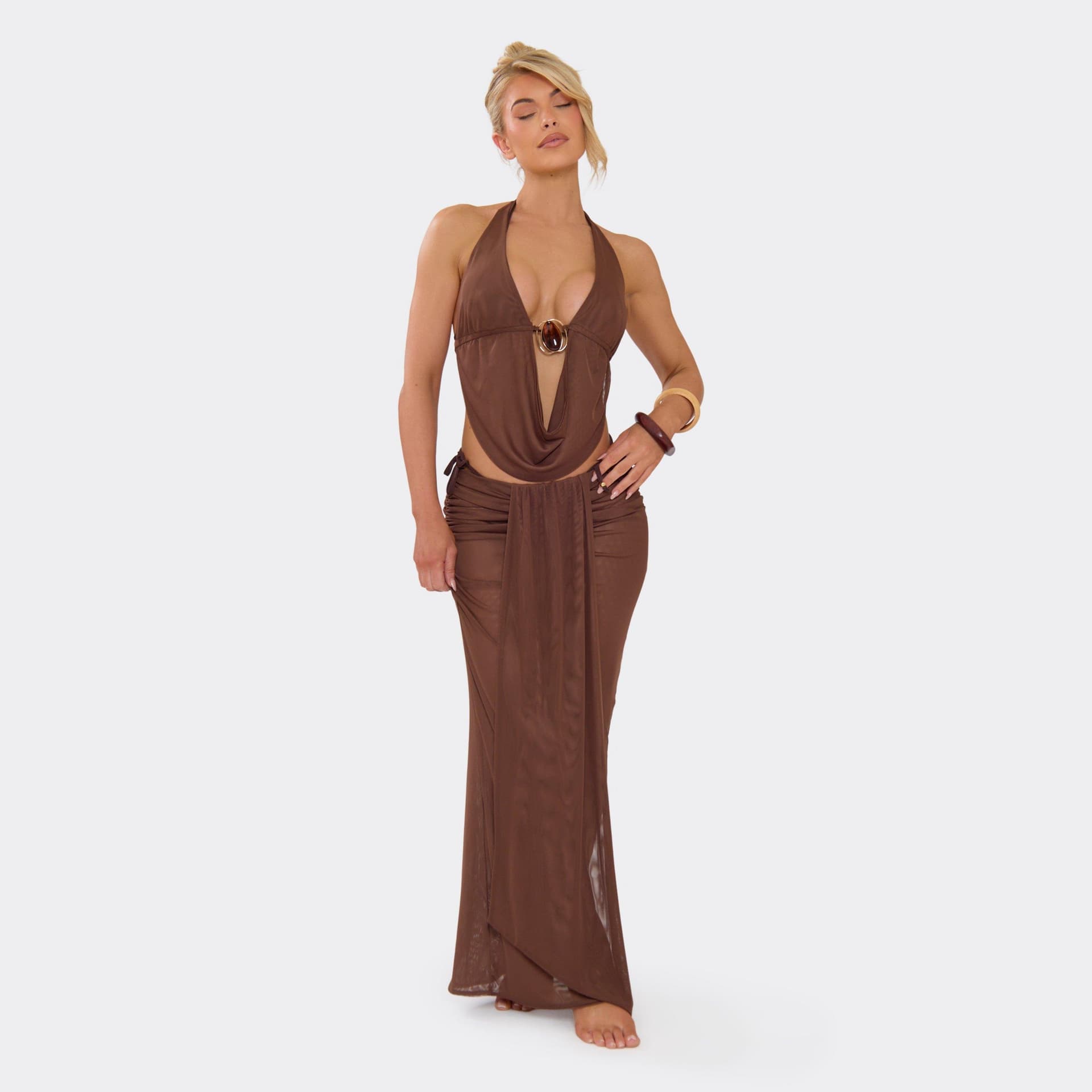EGO Mid Rise Drape Front Beach Maxi Skirt In Chocolate Brown, Women's Size UK 6