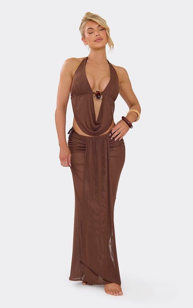 EGO Mid Rise Drape Front Beach Maxi Skirt In Chocolate Brown, Women's Size UK 6 - 2
