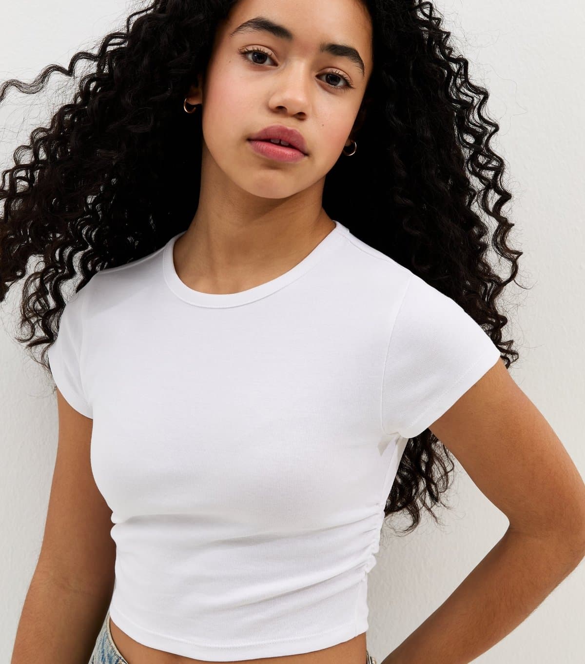 New Look Girls' White Ruched Side Cap Sleeve T-Shirt New Look