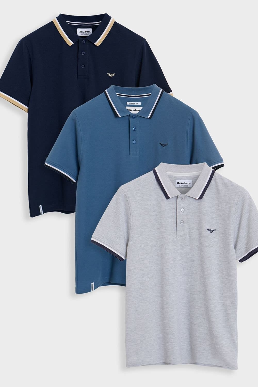 Threadbare Threadbare Men's 3-Pack Herringbone Tipping Pique Polo Shirts in Blue