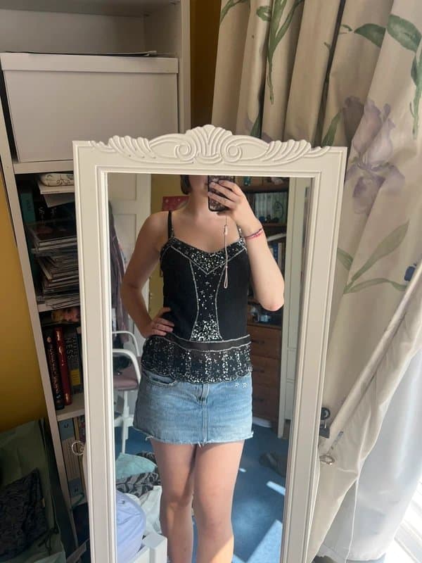 New Look New Look Black Sequin Beaded Y2K Cami Top – Silver Embellished