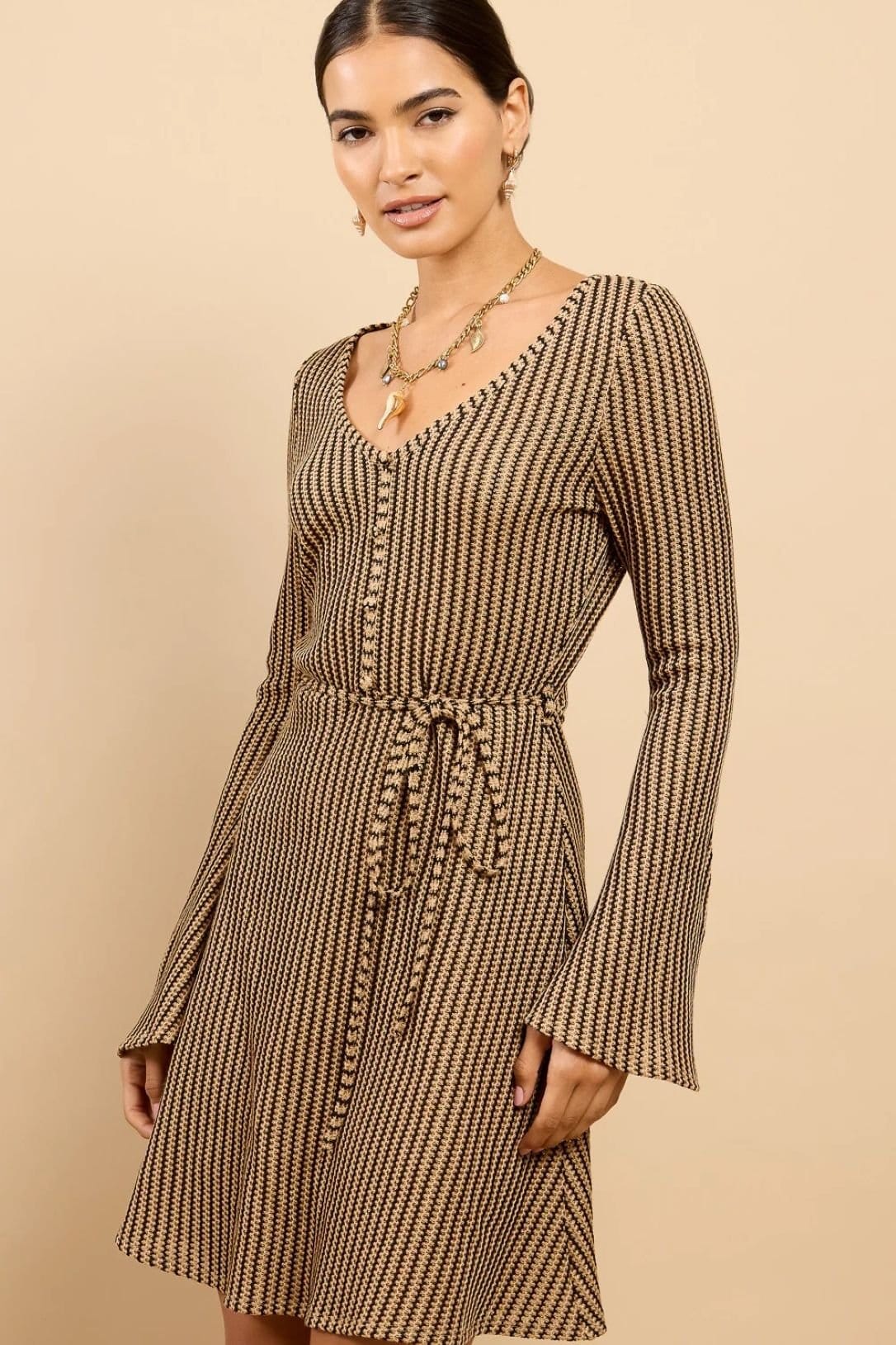 Little Mistress Little Mistress Women's Brown Stripe Knit Mini Dress - 4