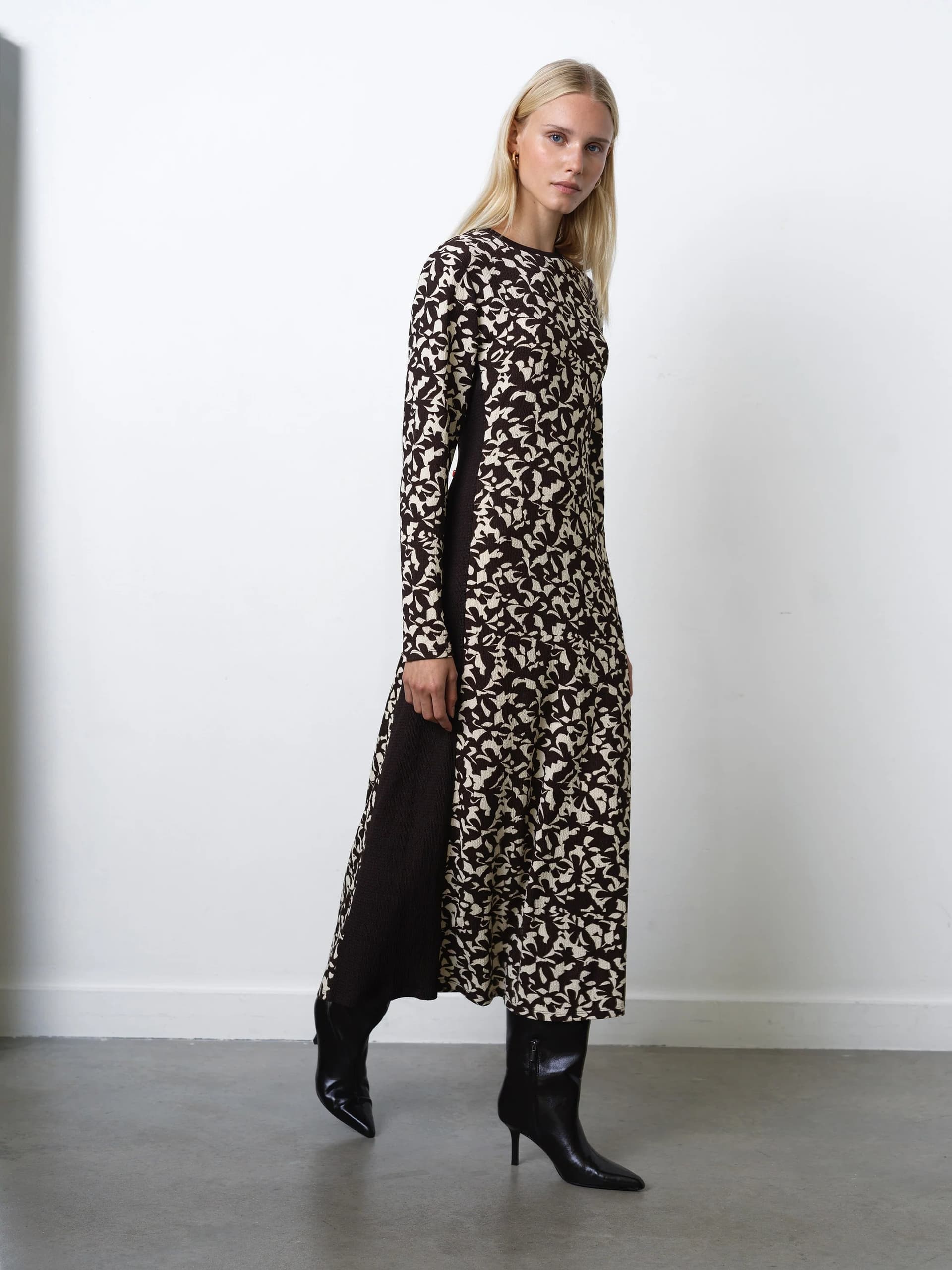 French Connection Kelly Print Jersey Long Sleeve Dress Bitter Chocolate Brown/Porcelain Cream