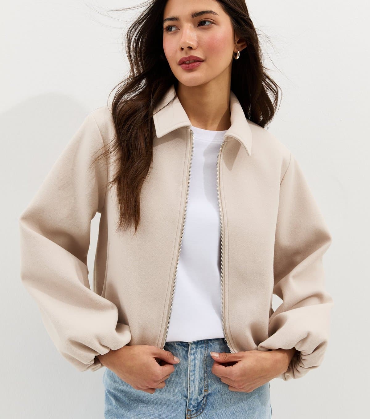 New Look Women's Cream Zip Through Collared Bomber Jacket New Look