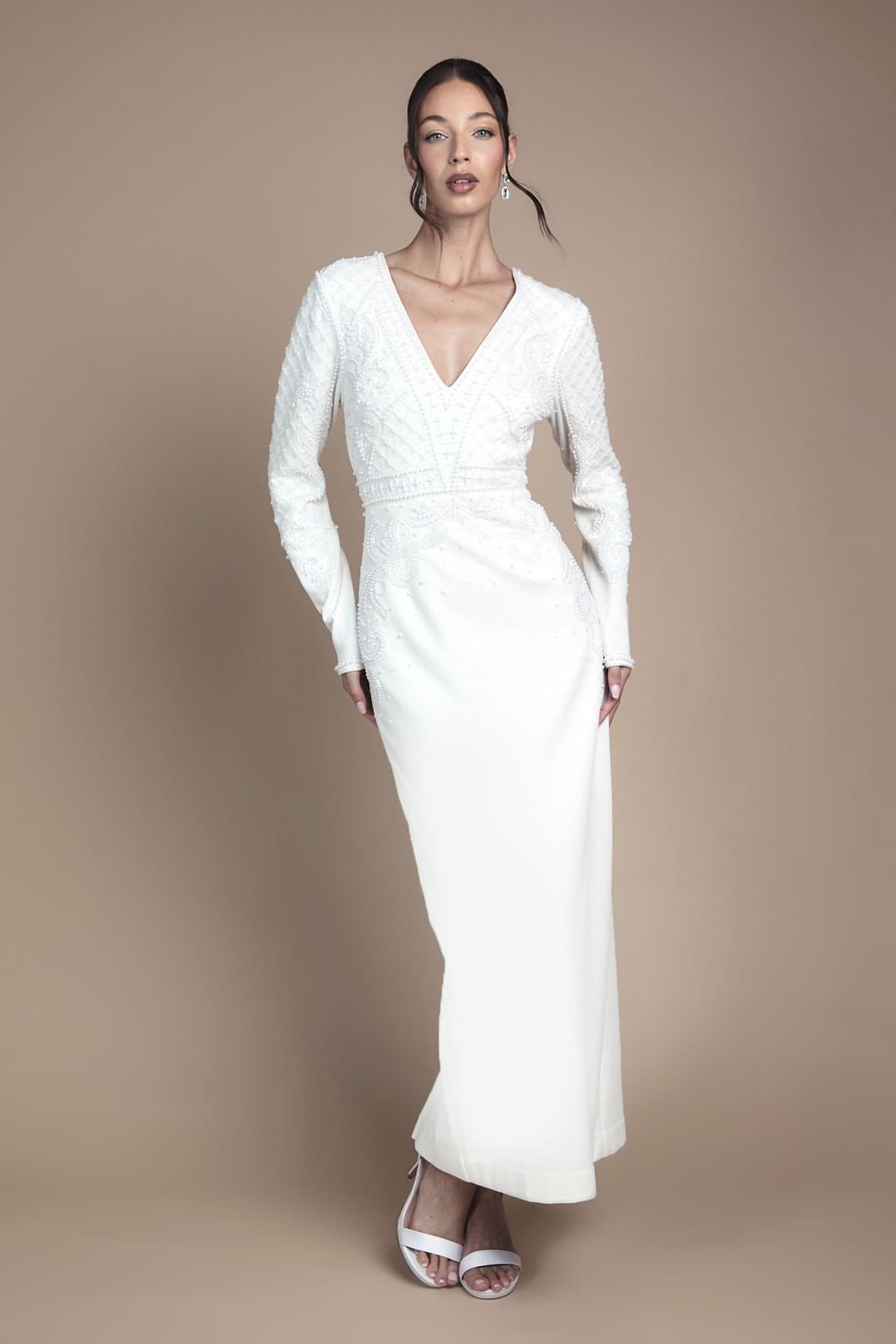 Coast Coast Women's Long Sleeve V Neck Scuba Embellished Pencil Wedding Dress in Ivory