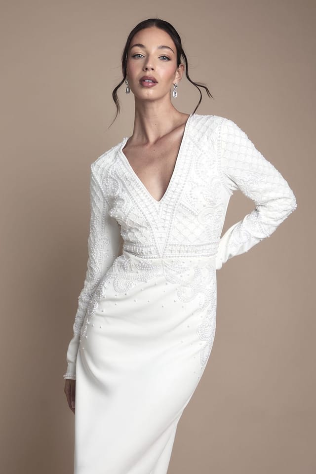 Coast Coast Women's Long Sleeve V Neck Scuba Embellished Pencil Wedding Dress in Ivory - 2