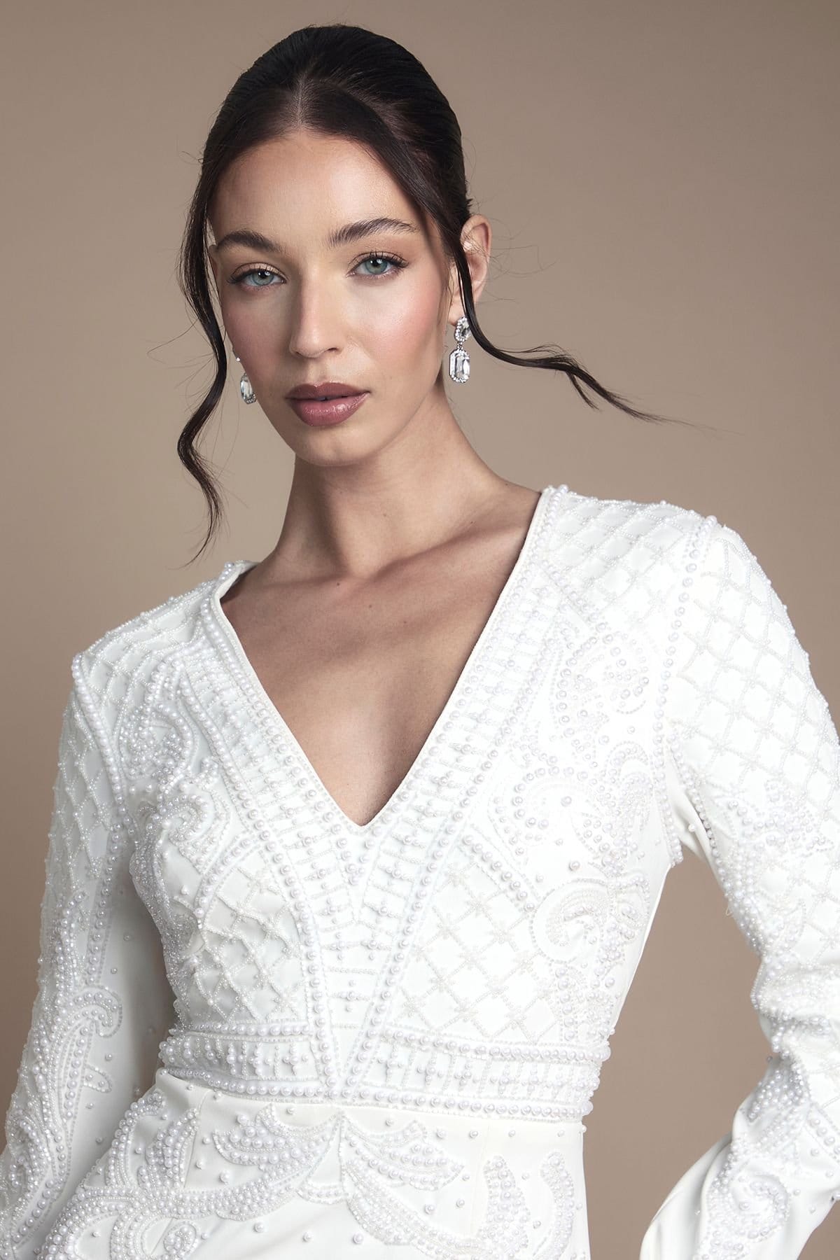 Coast Coast Women's Long Sleeve V Neck Scuba Embellished Pencil Wedding Dress in Ivory - 4