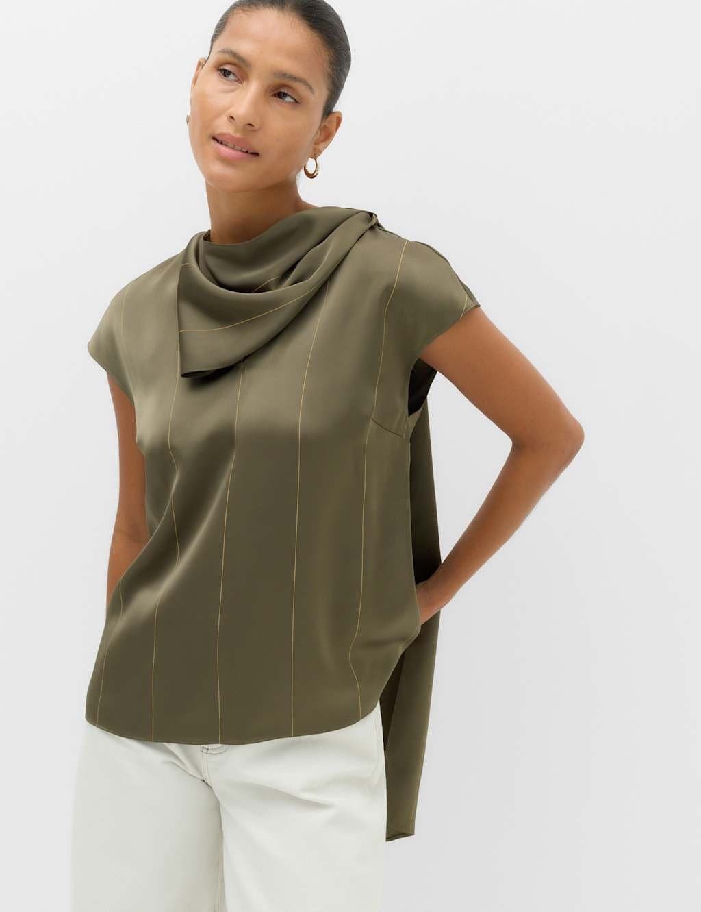 Marks & Spencer M&S Satin Striped Cowl Neck Scarf Detail Top Green Mix
