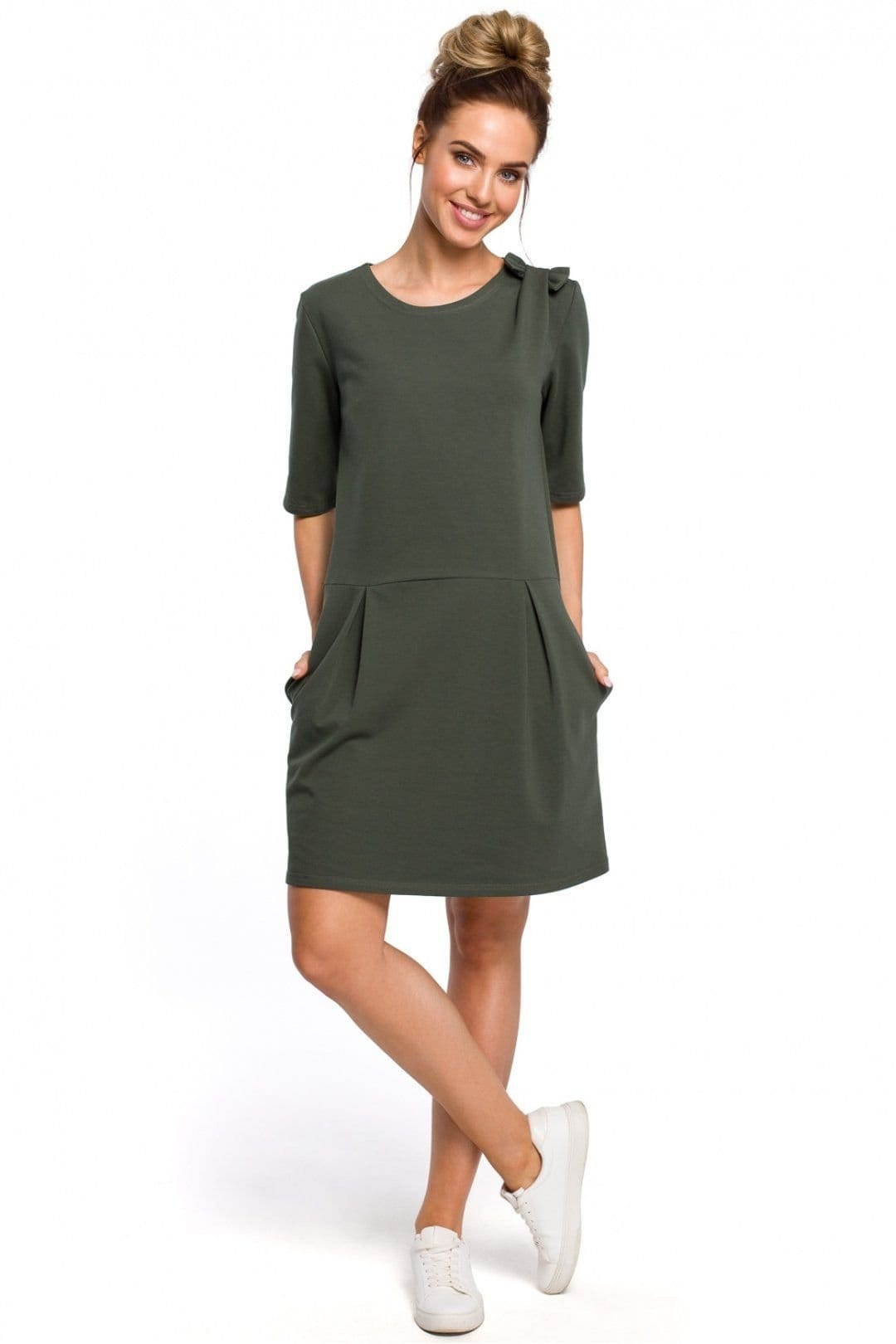 Love Lace Green Knitted Mini Dress with Bow Shoulder Pleats