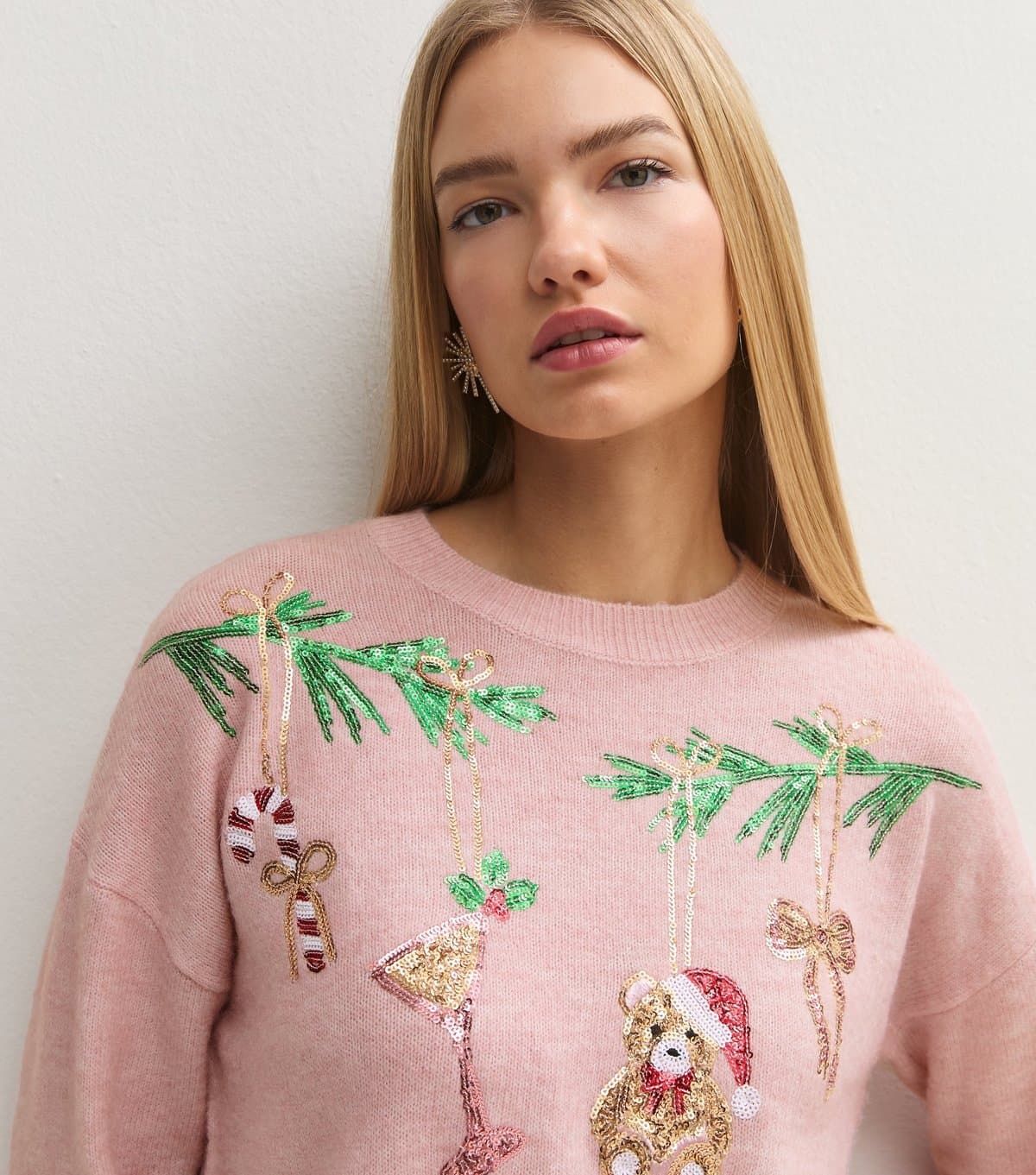 New Look Women's Pink Christmas Sequin Bauble Crew Neck Jumper New Look