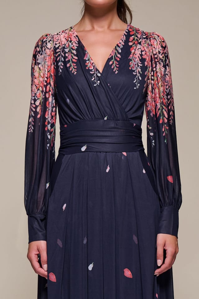 Jolie Moi Jolie Moi Women's Long Sleeve Printed Mesh Midaxi Dress in Dark Navy - 2