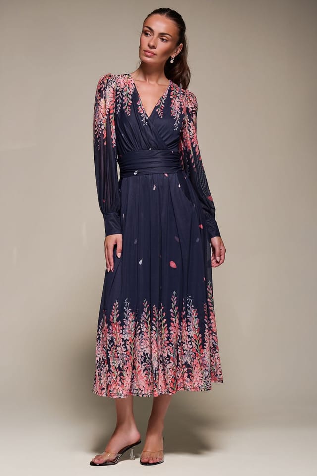 Jolie Moi Jolie Moi Women's Long Sleeve Printed Mesh Midaxi Dress in Dark Navy - 3