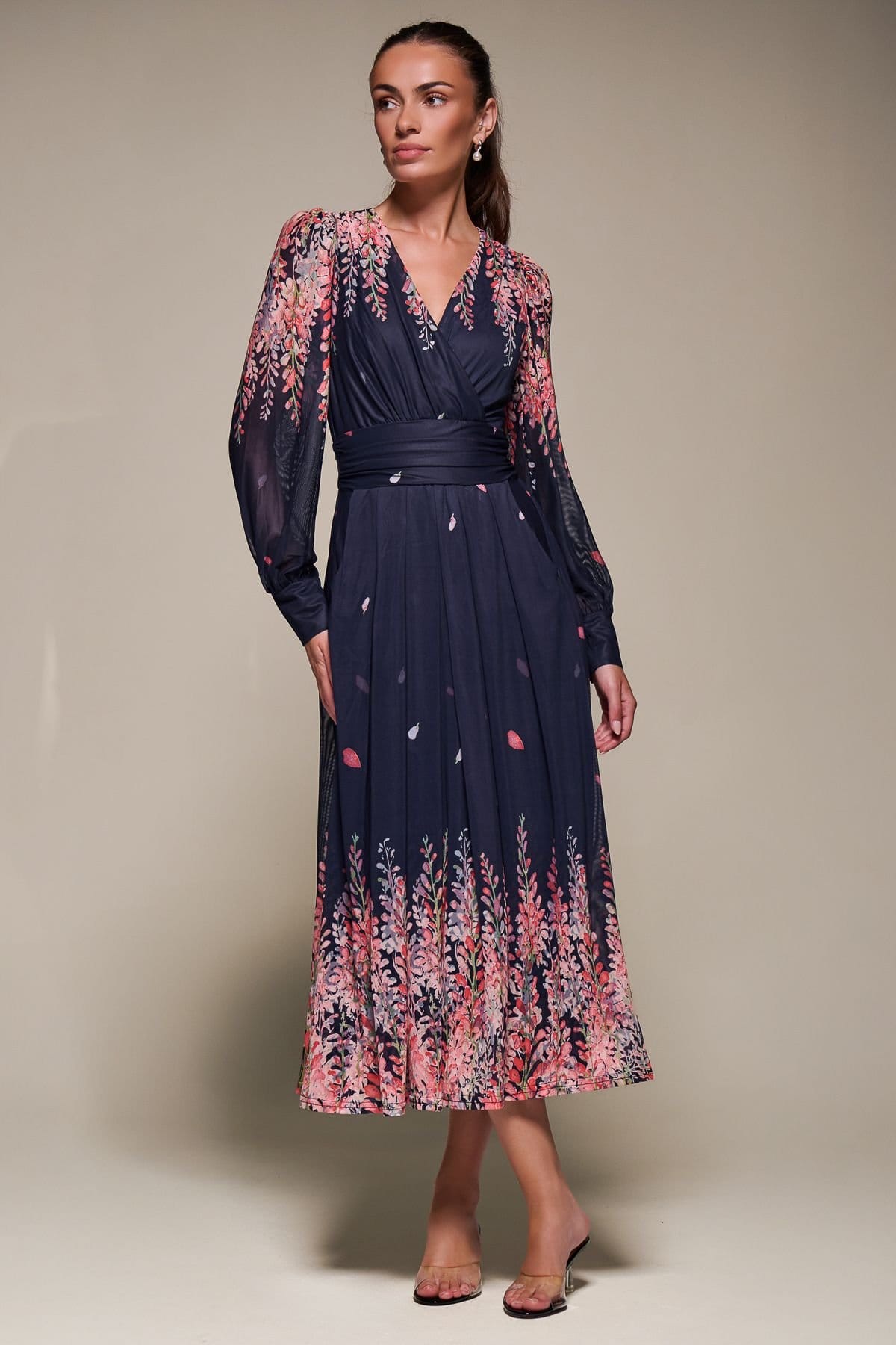 Jolie Moi Jolie Moi Women's Long Sleeve Printed Mesh Midaxi Dress in Dark Navy - 4