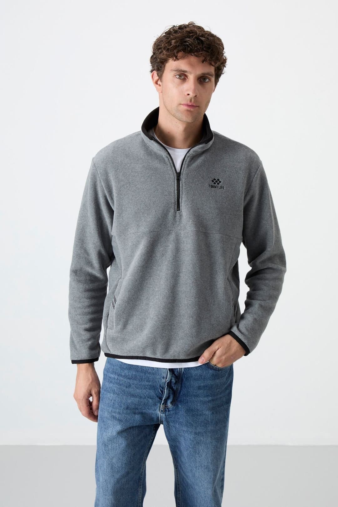 Tommy Life Tommy Life Men's Slim Fit Half-zip Plush Sweatshirt in Grey