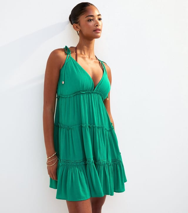 New Look Women's Green Tie Shoulder Lace Trim Tiered Beach Mini Dress New Look - 3