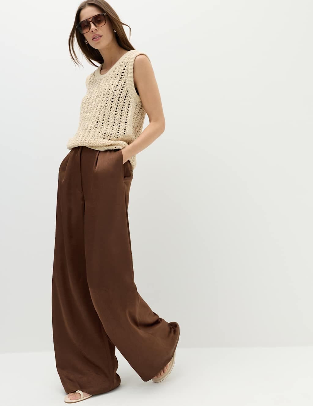 Marks & Spencer M&S Satin Wide Leg Trousers Chocolate