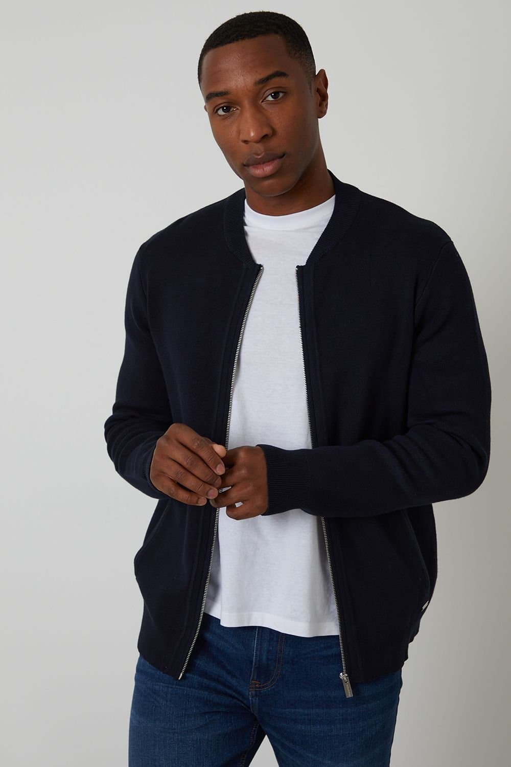 Threadbare Threadbare Men's Bomber-Style Knitted Zip Through Cardigan in Navy