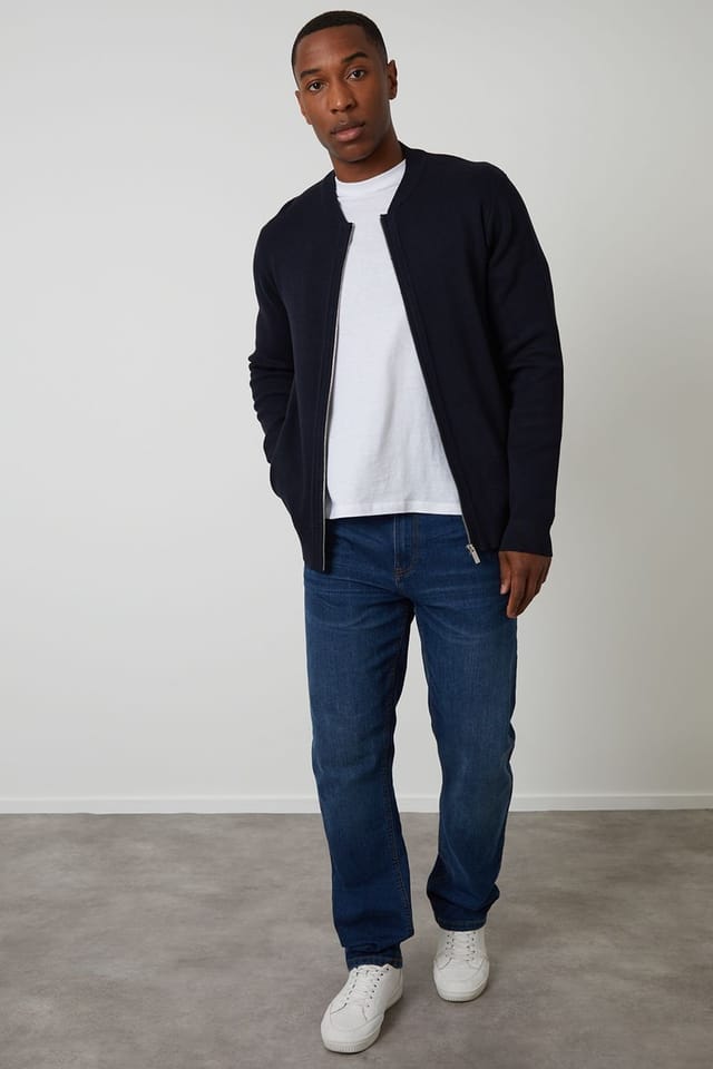 Threadbare Threadbare Men's Bomber-Style Knitted Zip Through Cardigan in Navy - 3