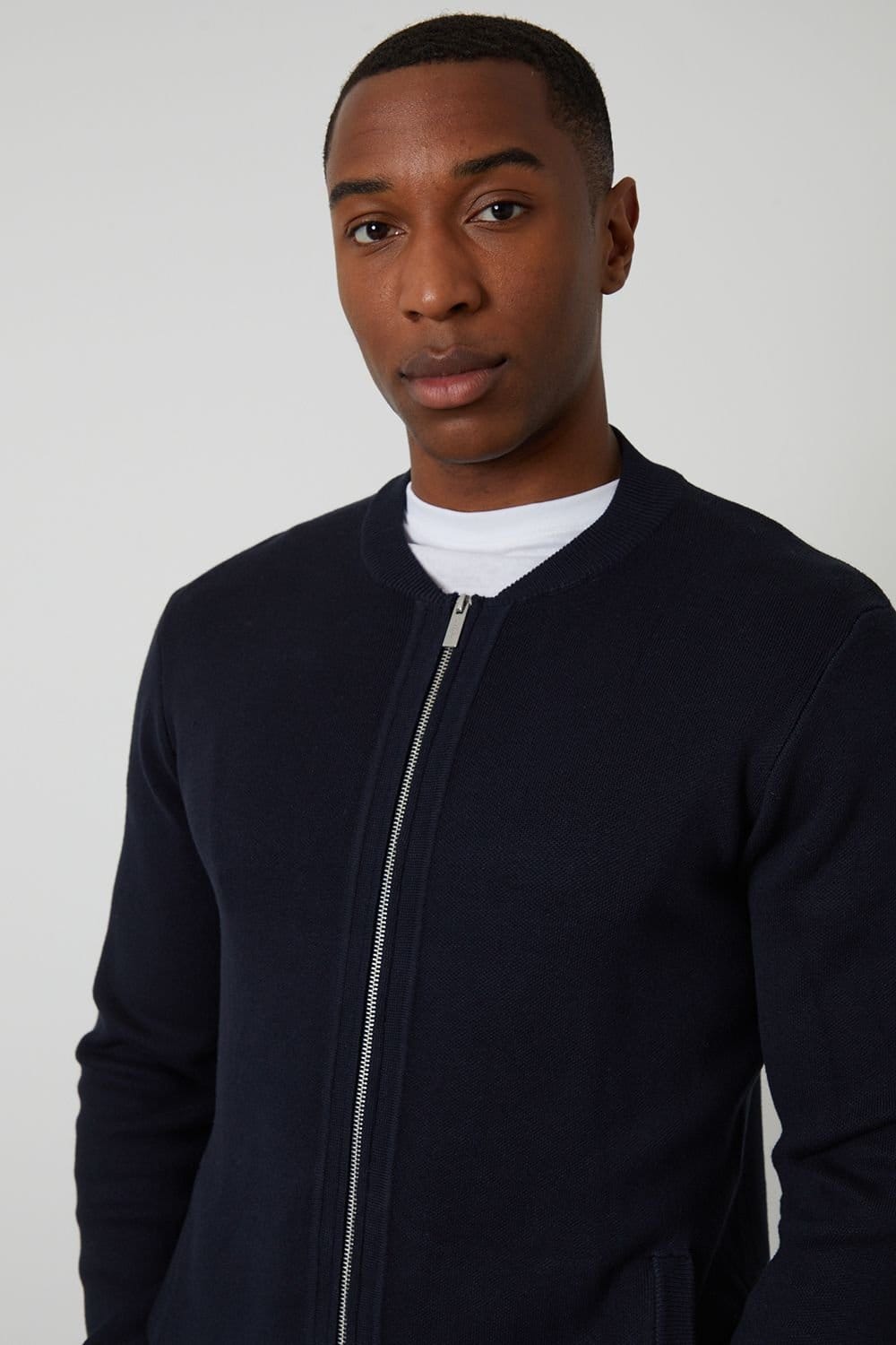 Threadbare Threadbare Men's Bomber-Style Knitted Zip Through Cardigan in Navy - 4