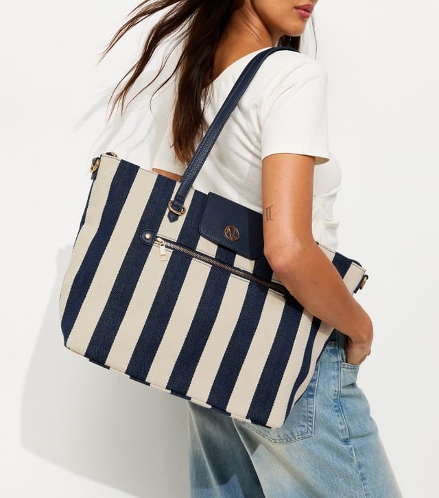 New Look Dark Blue Striped Canvas Faux Leather Trimmed Tote Bag New Look - 2