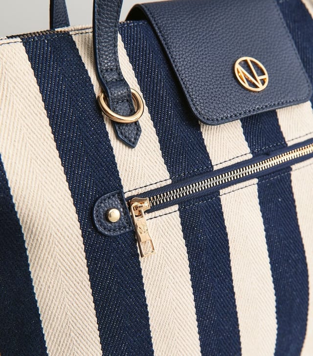 New Look Dark Blue Striped Canvas Faux Leather Trimmed Tote Bag New Look - 3