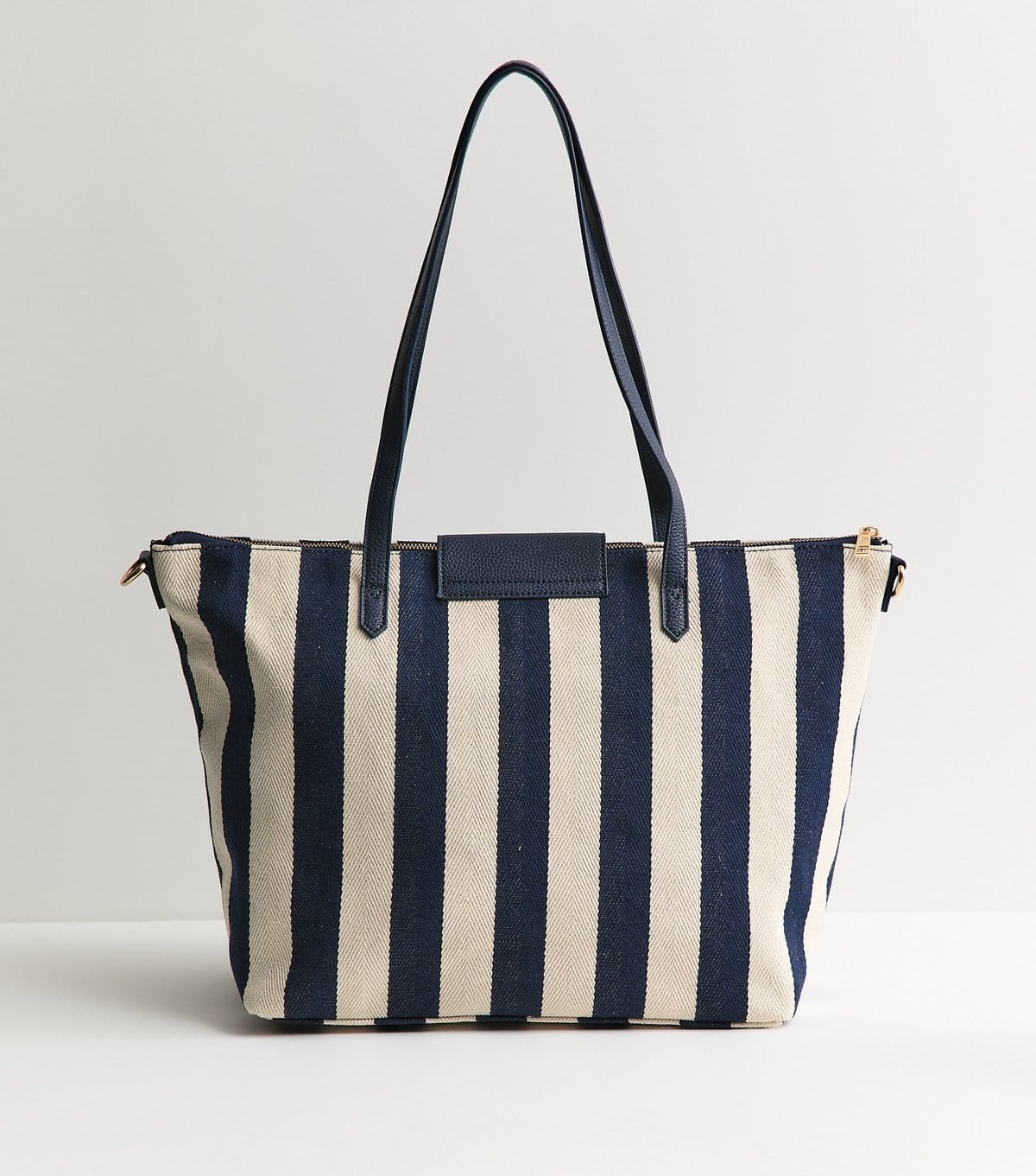 New Look Dark Blue Striped Canvas Faux Leather Trimmed Tote Bag New Look - 4
