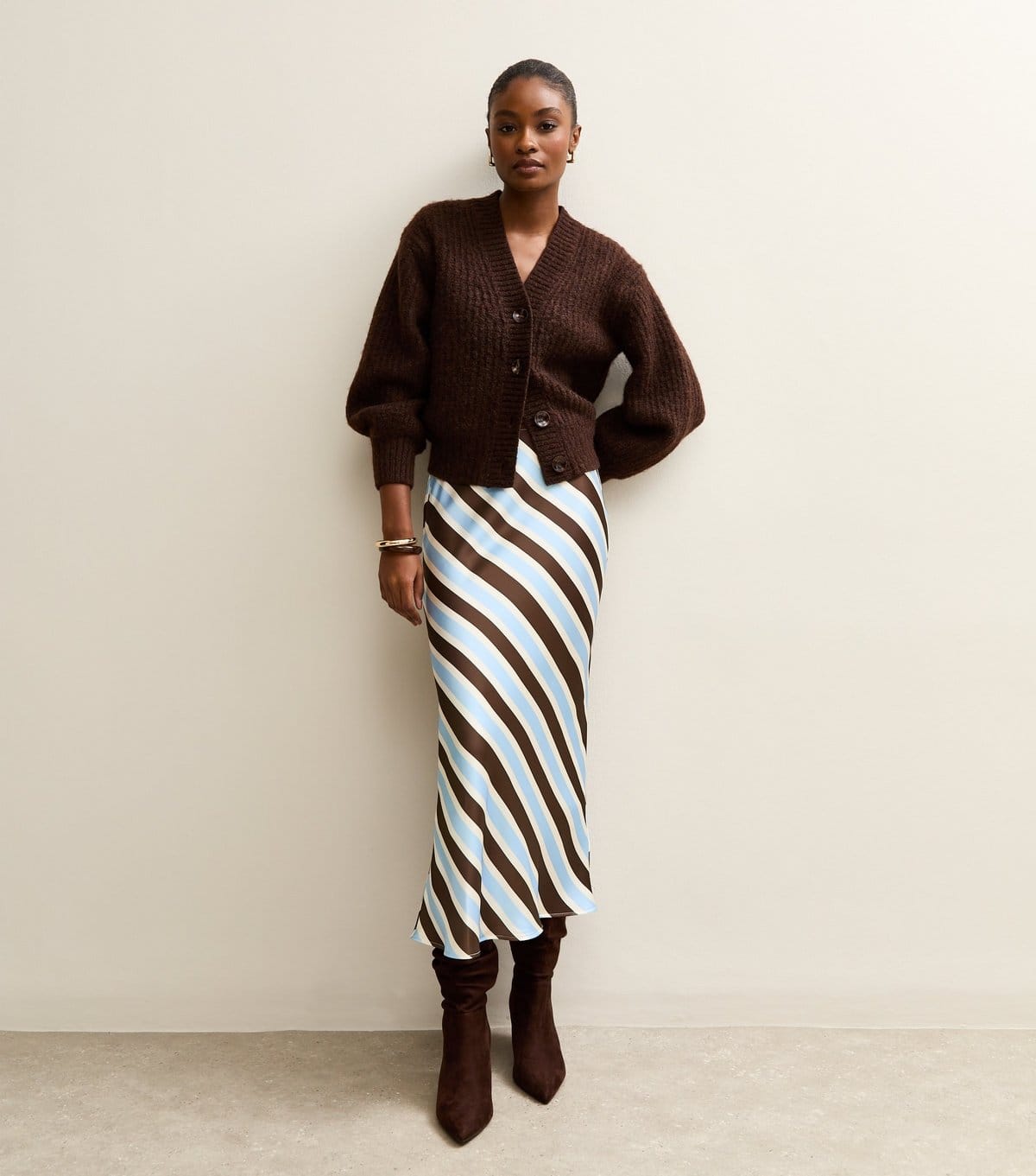 New Look Brown Satin Striped Bias Cut Midi Skirt