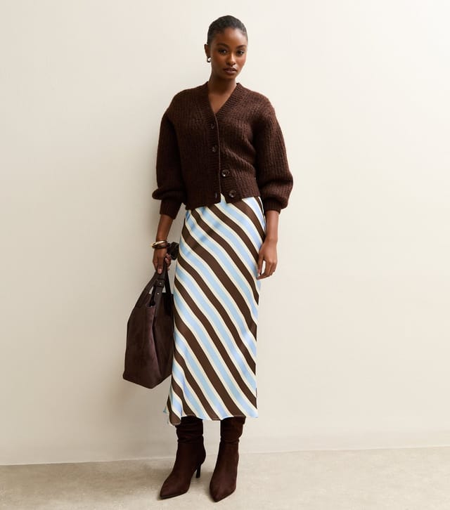 New Look Women's Brown Satin Striped Bias Cut Midi Skirt New Look - 3